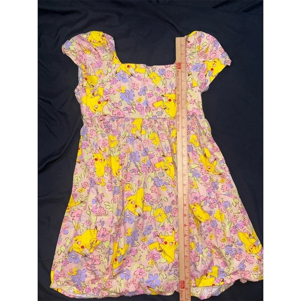 Pokemon Pikachu Floral Girls Dress 14 Purple Yellow Smocked Back XL square neck